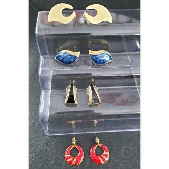 VINTAGE Jewelry Lot- 4 Pairs of Retro Red Blue Black White Enamel Hoop Earrings - Picture 1 of 11